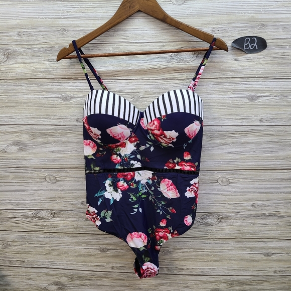 Cupshe Other - Cupshe Navy Floral & Striped One Piece Swimsuit